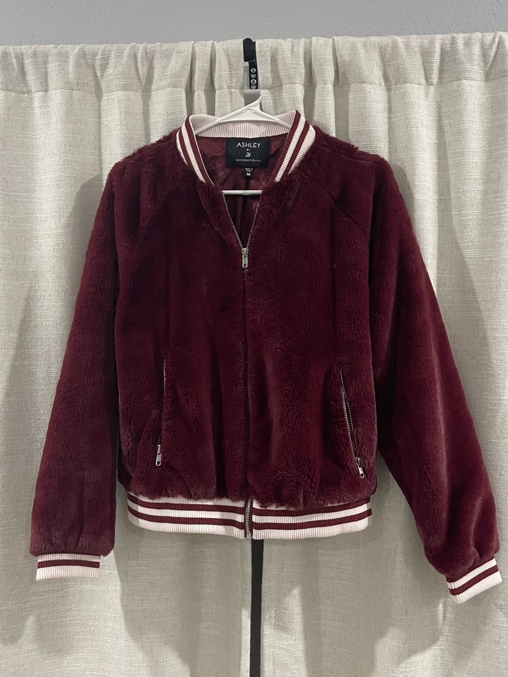 Ashley By 26 International Wine Faux-Fur Bomber Jacket with Striped Trim